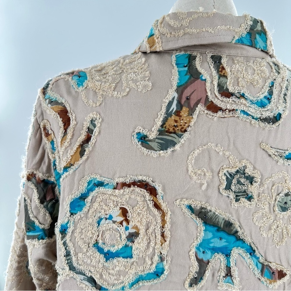 Coldwater Creek blazer size 16 tan blue embroidered floral coastal granny - Picture 5 of 9